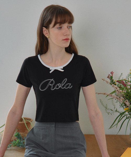 ROLAROLA(로라로라) | 실시간 인기 스타일 | ROLA RIBBON NECK HALF T-SHIRTS BLACK | 온더룩