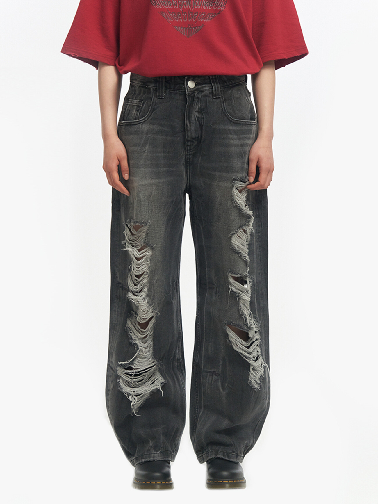 Millo Archive(밀로 아카이브) | 실시간 인기 스타일 | 리플렉트 커브드 데미지 팬츠 [워시드 블랙] | 온더룩