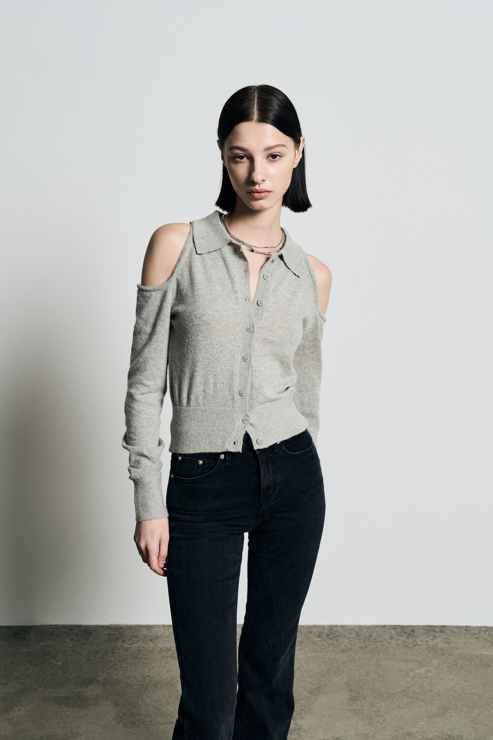 BOHEMSEO 】 shoulder hole kint cardigan 