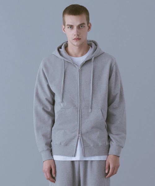 Melange Master(멜란지 마스터) 실시간 인기 스타일 스탠다드 후드 스웨트 집업 멜란지 그레이 온더룩