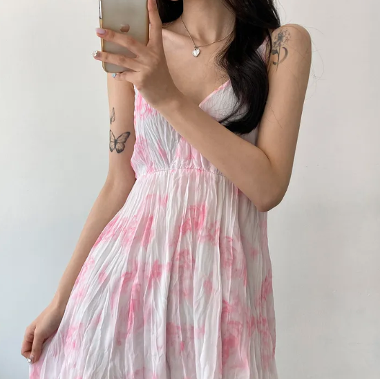 the pink(더 핑크) | 실시간 인기 스타일 | 수채화 슬리브스 브이넥 물나염 원피스 (2C) | 온더룩